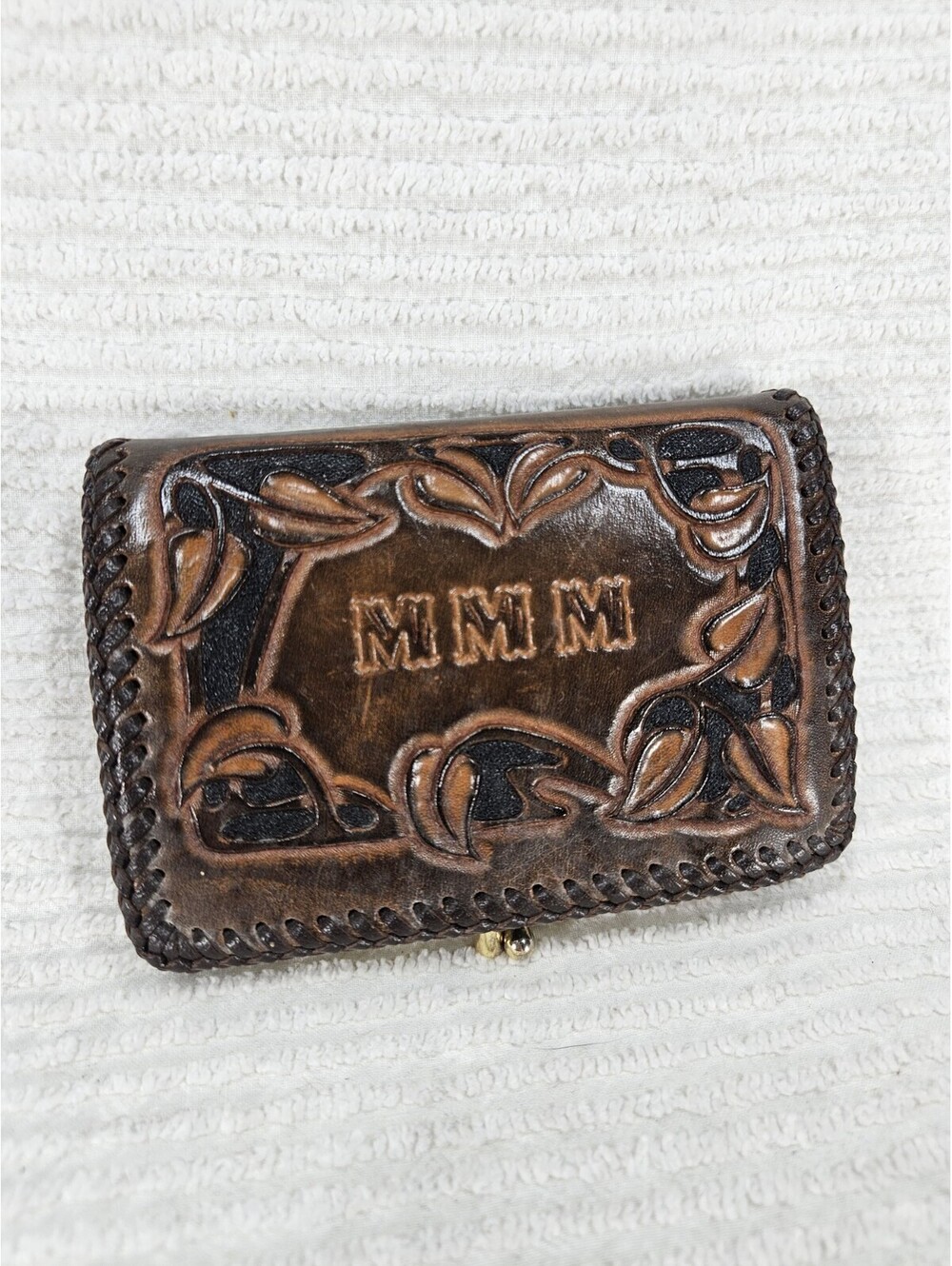 Vintage 1960s Leather Western Wallet Tooled MMM Monogram Fold Over Kisslock